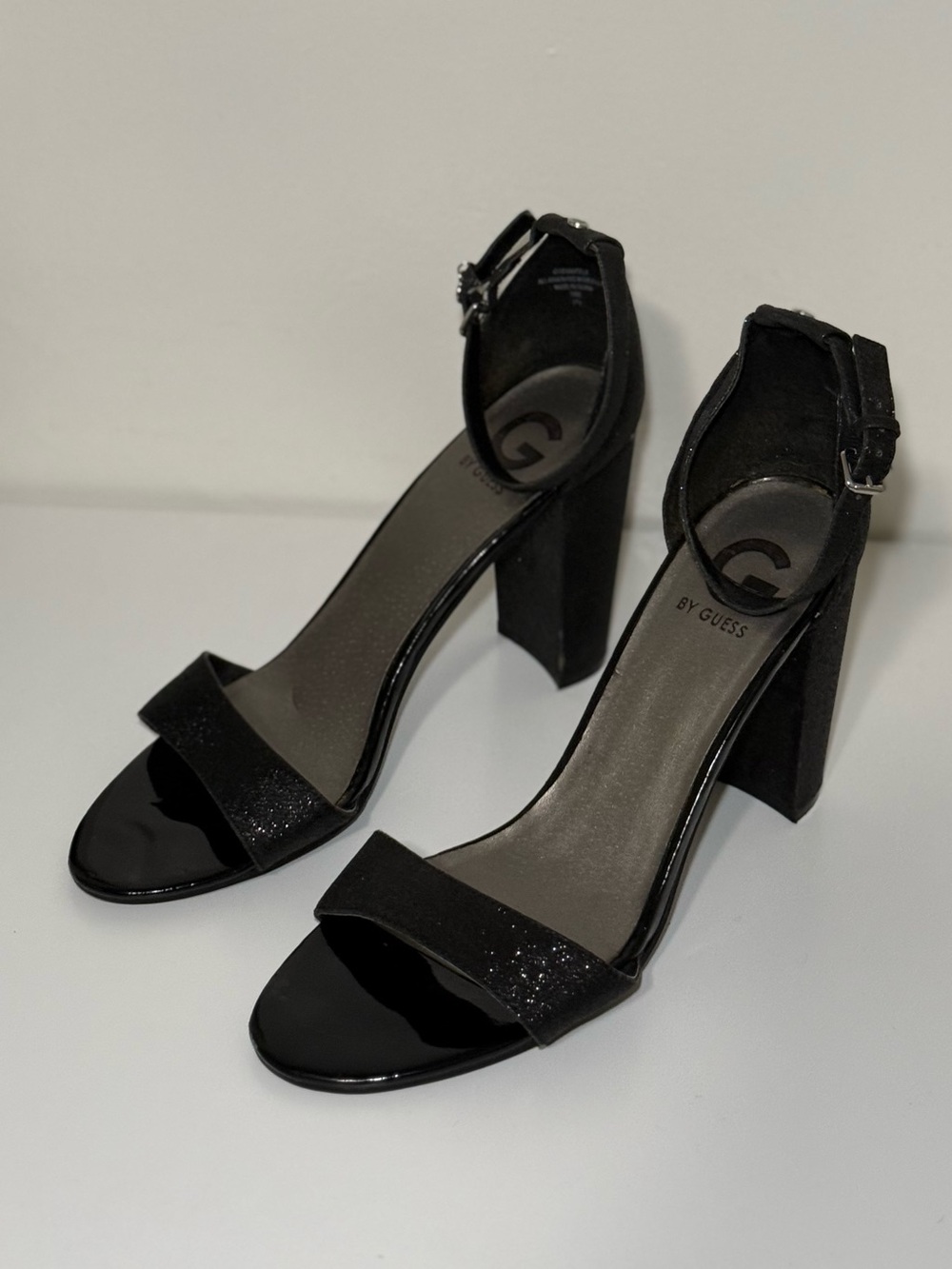 GUESS Black Ankle-Strap Glitter Block Heel Sandals